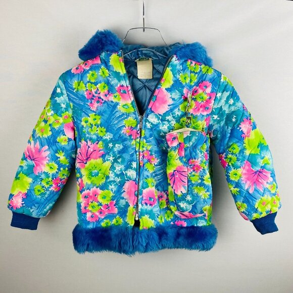 Unbranded Vintage Colorful Floral Print Girl's Size 7 Jacket Coat Faux Blue Fur